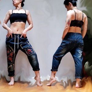 Paper Bag Denim Drawstring pants Floral Embroidery